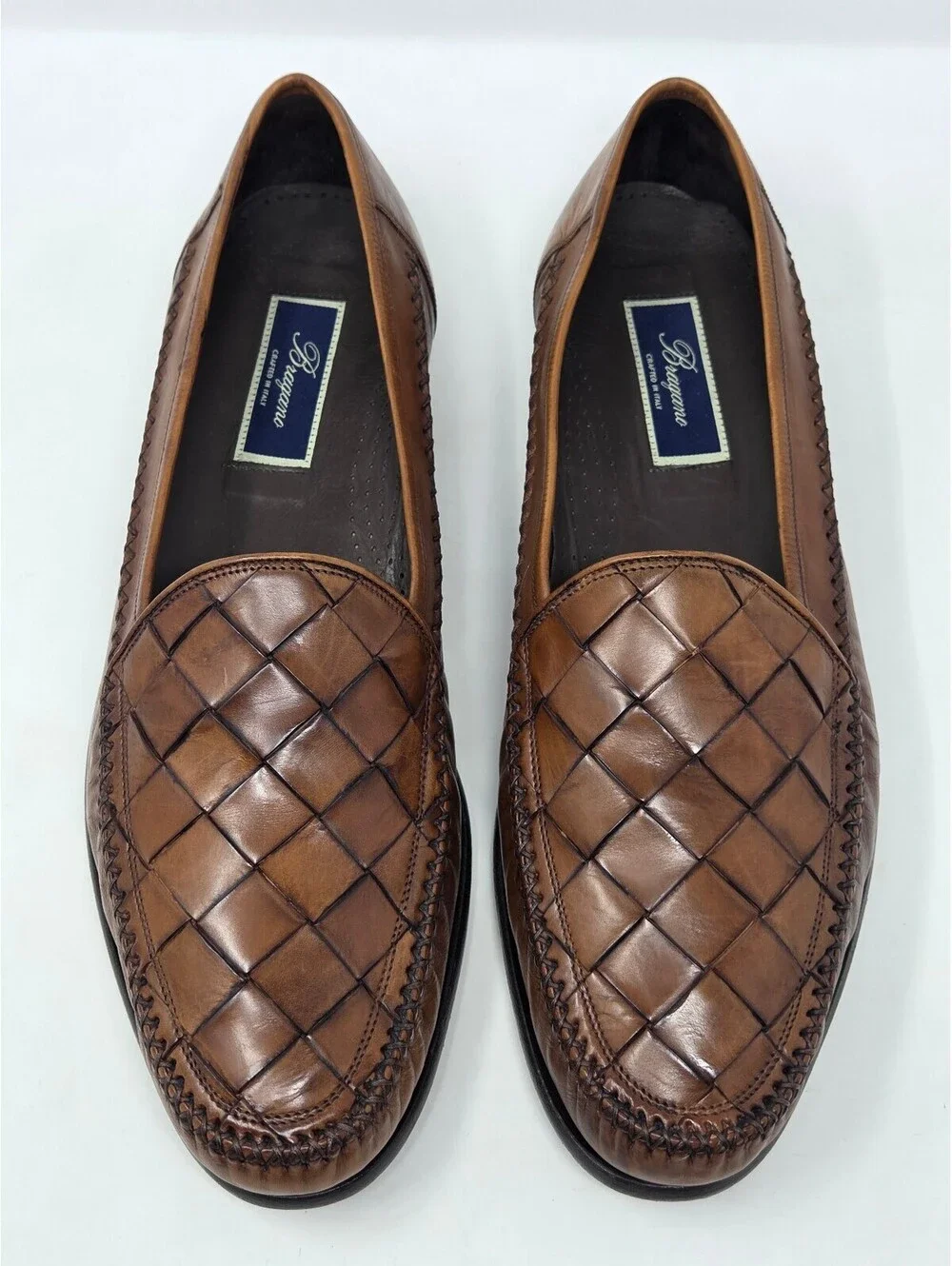 Bragano Men's Brown Leather Woven Moc Toe Loafers Size 15 M